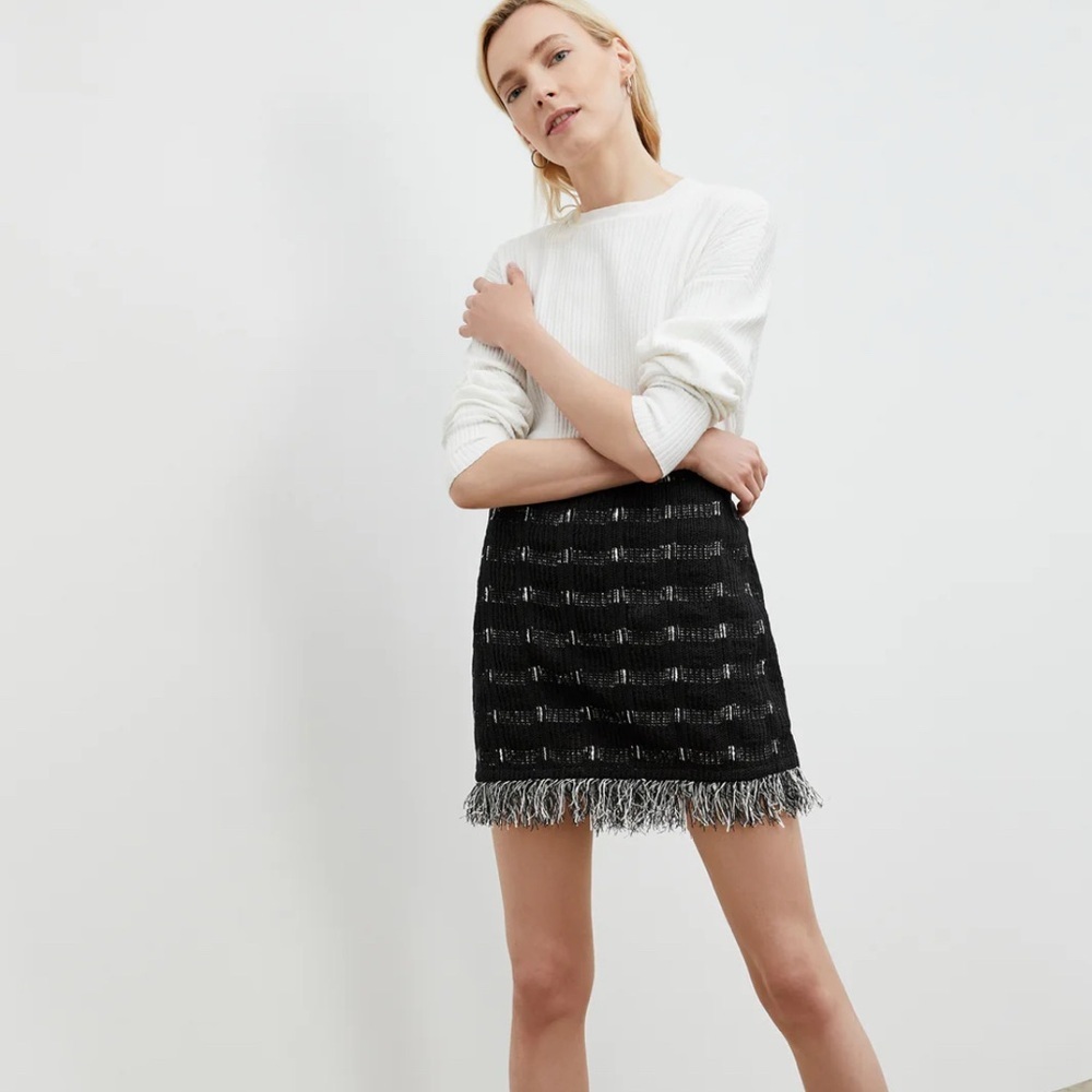 MM Lafleur Black and White Tweed Fringe Midi Skirt